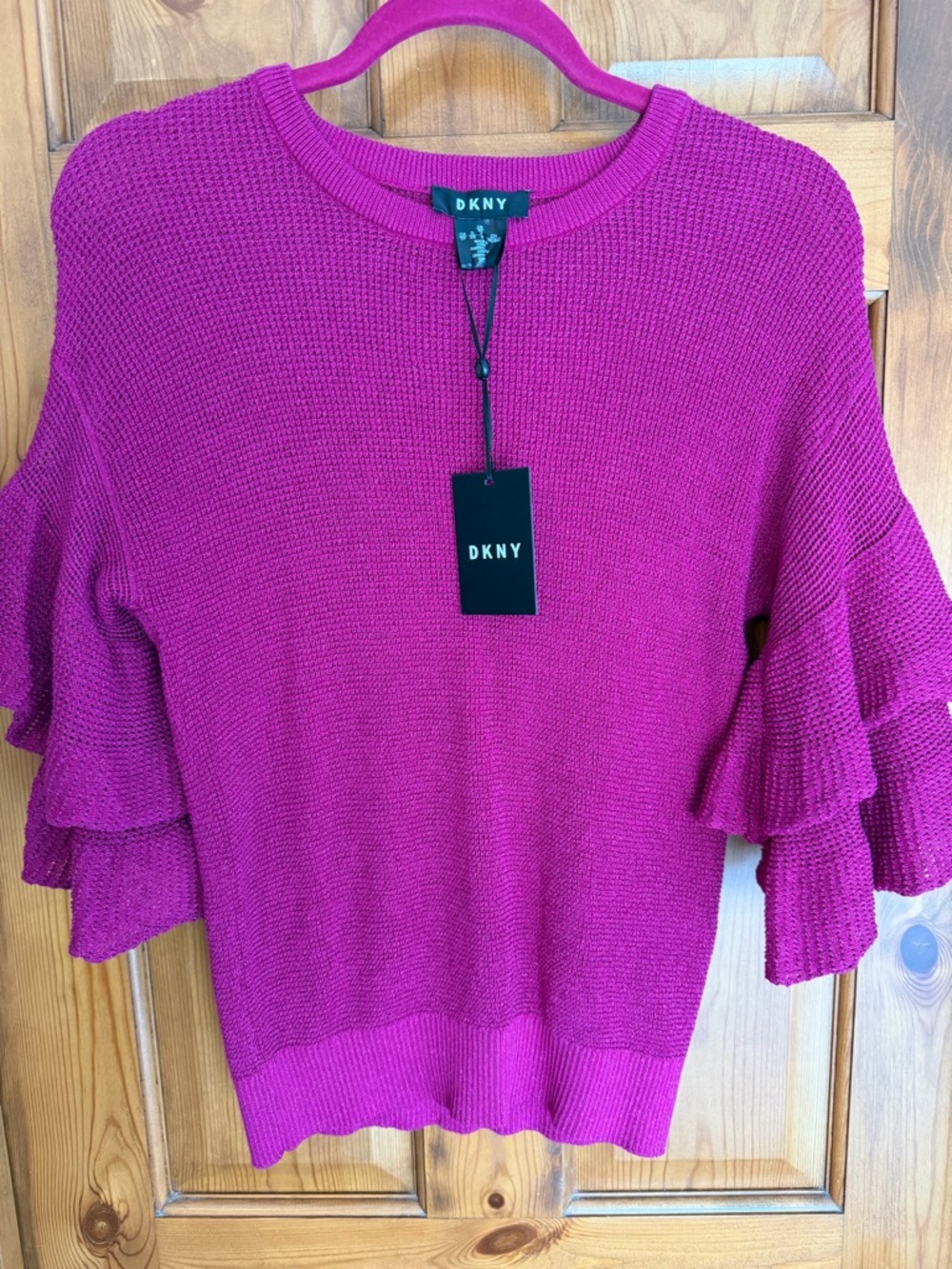 DKNY Fuchsia Ruffle-Sleeve Crew Neck Sweater
